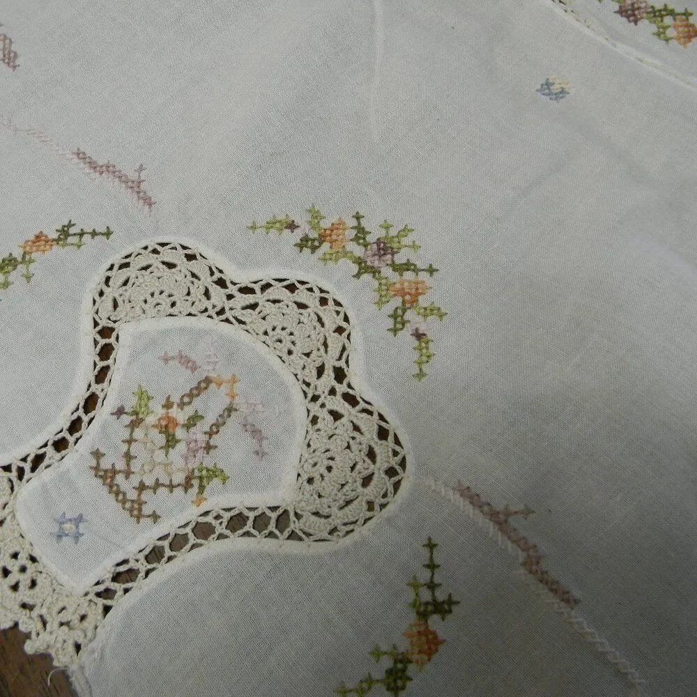 Vintage Handmade Cross Stitch Crochet Doily Tablecloth Floral Basket White Round